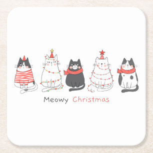 Meowy Christmas Cats Square Paper Coaster