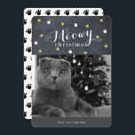 Meowy Christmas Chalkboard Photo Holiday Card<br><div class="desc">This cute "meowy christmas" christmas holiday card features your photo and patterns of faux gold stars and white cat face on a black chalkboard background. The reverse side features a white background with cat's paw print patterns. Personalise for your needs. You can find more matching products at my store.</div>