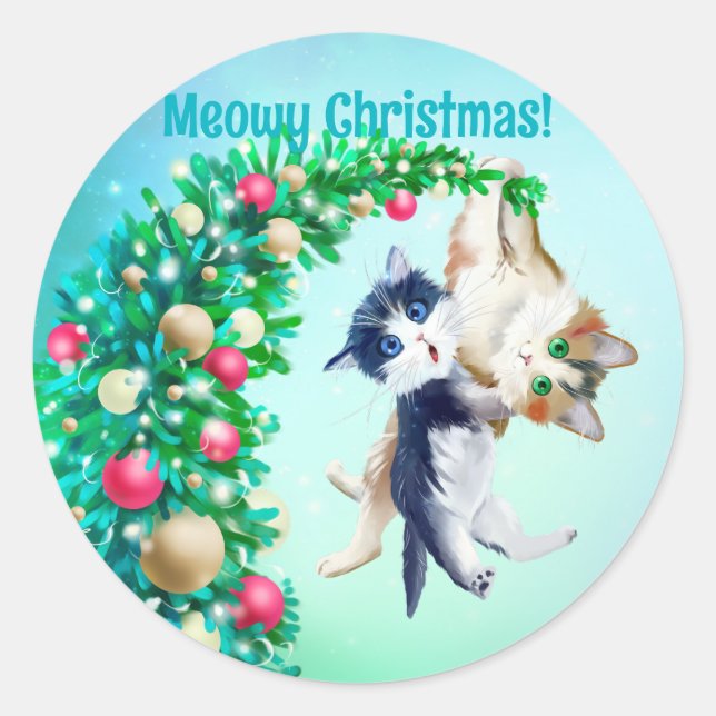 Meowy Christmas Classic Round Sticker (Front)