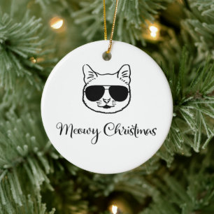 “Meowy Christmas” Cool Cat in Shades Ceramic Tree Decoration