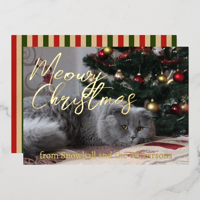 Meowy Christmas Custom Cat Photo Foil Holiday Card (Front/Back)