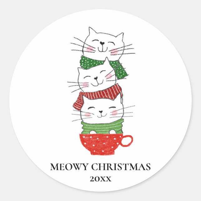 Meowy Christmas Custom Cats Cup Scarves Cute Classic Round Sticker (Front)