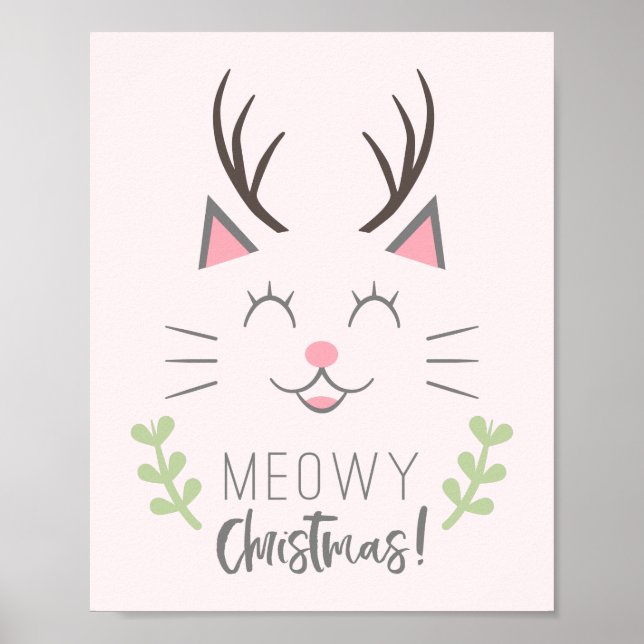 Meowy Christmas | Cute Cat, Antlers Poster (Front)