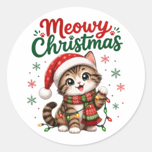Meowy Christmas Cute Cat Holiday Classic Round Sticker