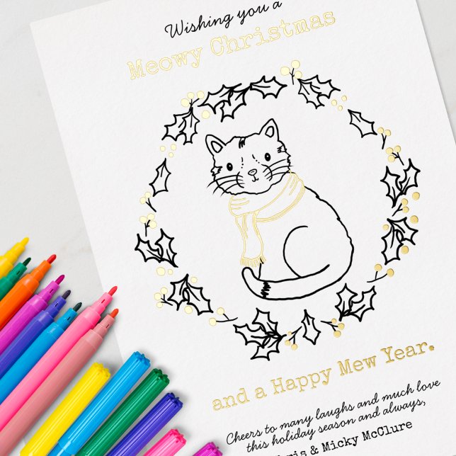 Meowy Christmas Cute Cat in Scarf Foil Holiday Card (Color Your Own Personalized Christmas Cards)