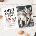 Meowy Christmas Cute Cat Photo Holiday Card<br><div class="desc">Cute and funny Christmas photo card featuring an illustration of two siamese cats wearing a santa hat and antlers. The typography text above says "a meowy christmas to you." You can add your own kitty picture next to it. The back of the card is faux gold dots.</div>