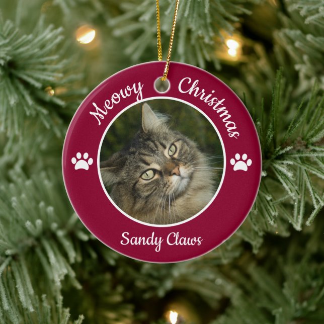Meowy Christmas Cute Cat Photo Name Year Paws Ceramic Tree Decoration (Tree)
