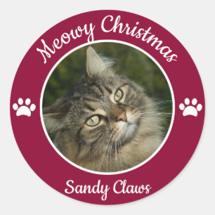 Meowy Christmas Cute Cat Photo with Name Paws Classic Round Sticker