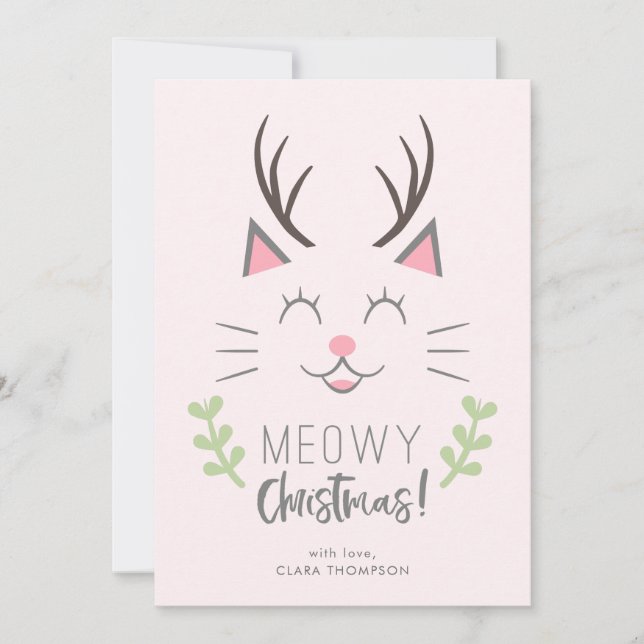 Meowy Christmas | Cute Cat Pun Christmas Holiday Card (Front)