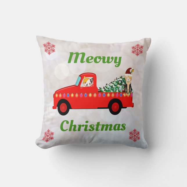 Meowy Christmas Cute Cat Red Truck Snowflakes Cushion (Front)