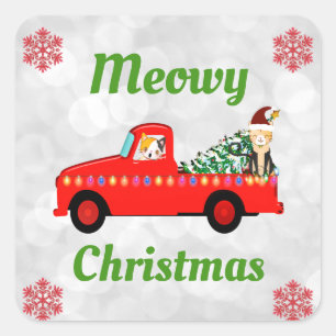 Meowy Christmas Cute Cat Red Truck Square Sticker
