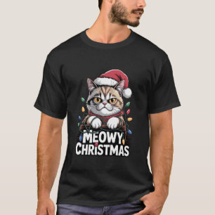 Meowy Christmas Cute Cat Santa Hat Funny Holiday T-Shirt