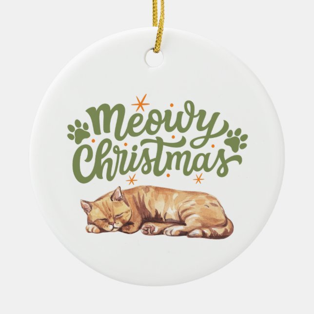Meowy Christmas Cute Cat Sleeping  Ceramic Tree Decoration (Front)