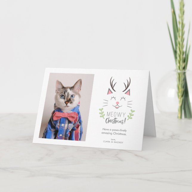 Meowy Christmas Cute Cat with Antlers Xmas Photo Card (Front)