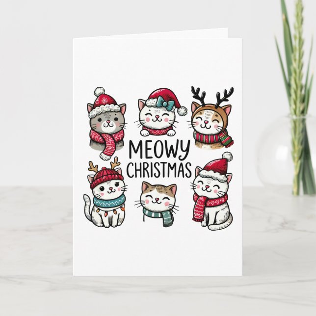 Meowy Christmas Cute Cats Holiday Blank Folded Card (Front)