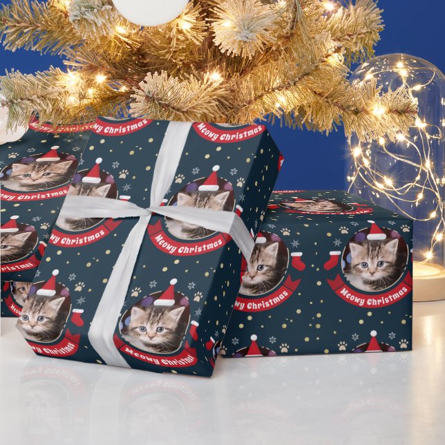 Meowy Christmas Cute Custom Pet Cat Photo  Holiday Wrapping Paper (Holidays)
