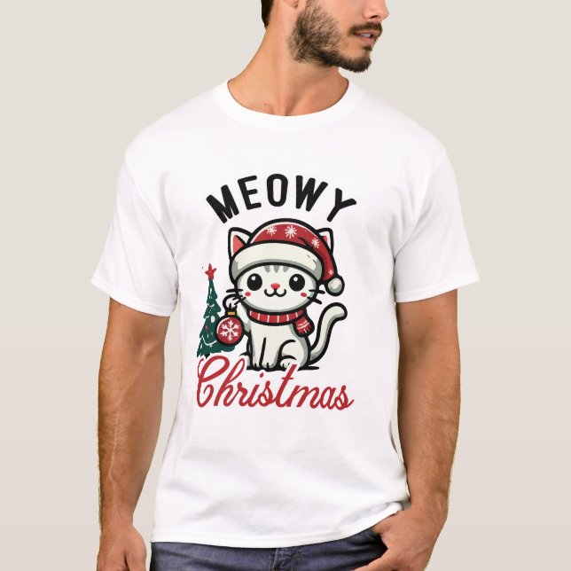 Meowy Christmas - Cute Festive Cat Holiday T-Shirt (Front)