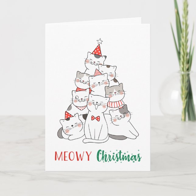 Meowy Christmas Cute Funny Cat Lover Kitten Pun Card (Front)