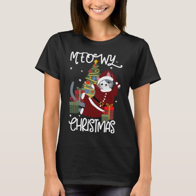 Meowy Christmas Cute Funny Cat Lover  T-Shirt (Front)