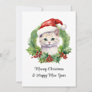 Meowy Christmas Cute Funny Cat On Santa Hat  Holiday Card