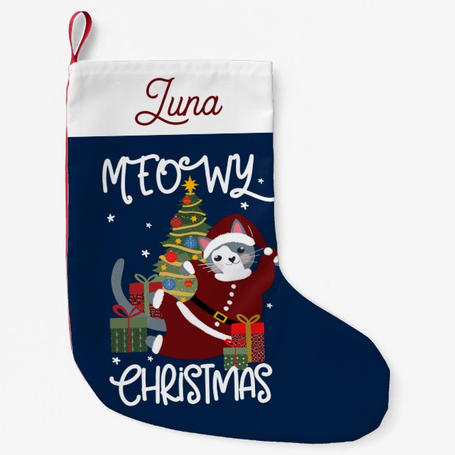 Meowy Christmas Cute Funny Cat  Small Christmas Stocking (Front)