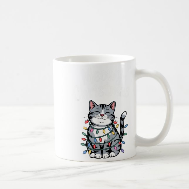 Meowy Christmas Cute Gray Tabby Cat Holiday Lights Coffee Mug (Right)