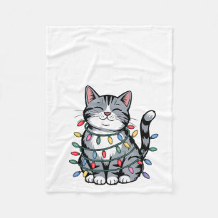 Meowy Christmas Cute Gray Tabby Cat Holiday Lights Fleece Blanket