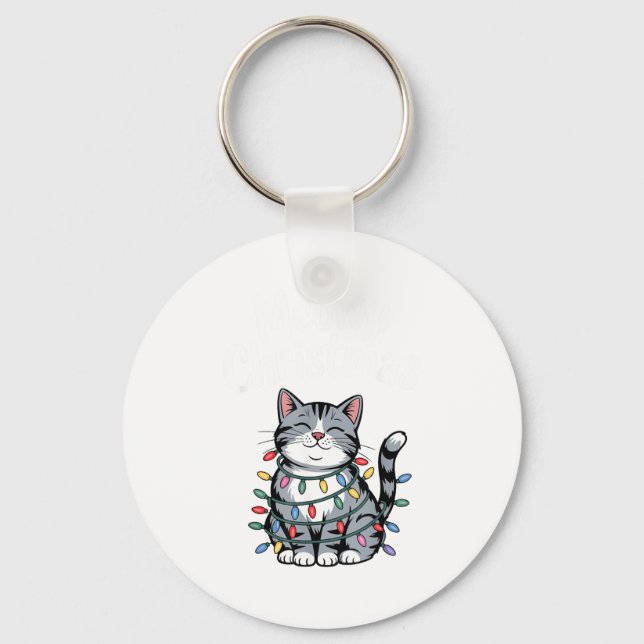 Meowy Christmas Cute Gray Tabby Cat Holiday Lights Key Ring (Front)