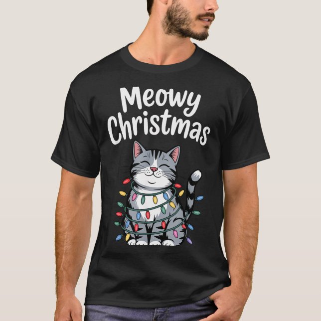 Meowy Christmas Cute Gray Tabby Cat Holiday Lights T-Shirt (Front)