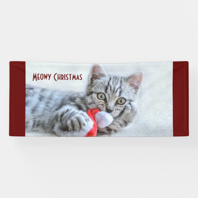 Meowy Christmas Cute Grey Tabby Cat Banner (Horizontal)