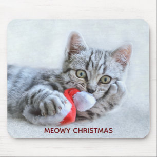 Meowy Christmas Cute Grey Tabby Cat Mouse Mat