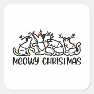 Meowy Christmas, Cute Reindeer Cats Xmas Lights Square Sticker
