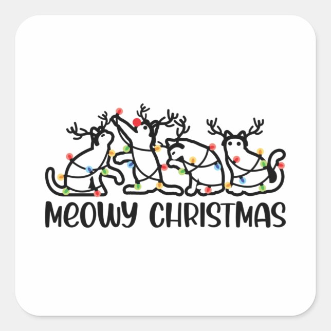 Meowy Christmas, Cute Reindeer Cats Xmas Lights Square Sticker (Front)