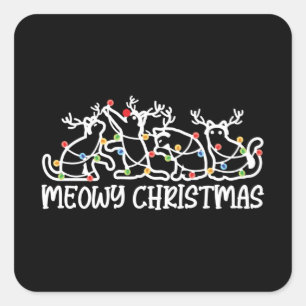 Meowy Christmas, Cute Reindeer Cats Xmas Lights Square Sticker