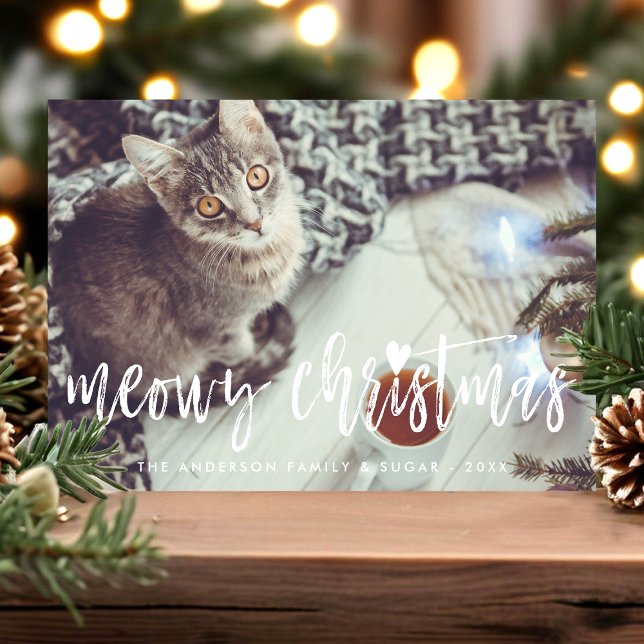 Meowy Christmas Cute Script Modern Pet Cat Photo Holiday Card (Creator Uploaded)