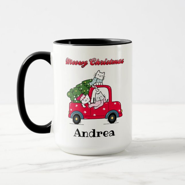 Meowy Christmas Cute Truck Cats Your Name Mug (Left)