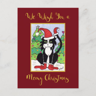 Meowy Christmas Cute Tuxedo Cat Custom Holiday Postcard
