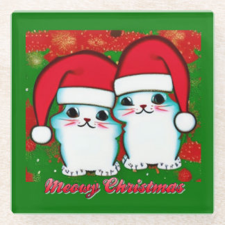 Meowy Christmas Cute White Kittens in Santa Hats Glass Coaster
