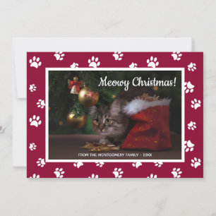 Meowy Christmas! Cute White Paw Prints Cat Photo Holiday Card