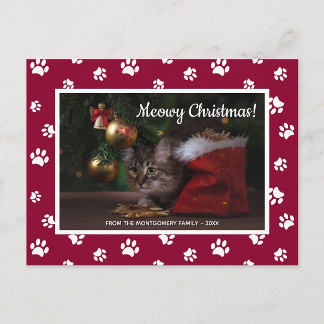 Meowy Christmas! Cute White Paw Prints Cat Photo Holiday Postcard (Front)