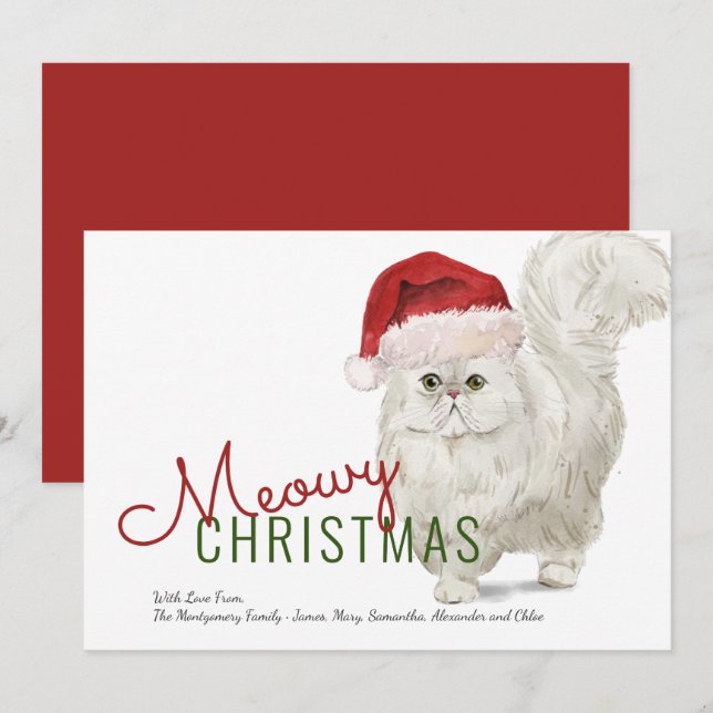 Meowy Christmas Cute White Persian Cat Watercolor Holiday Card (Front/Back)