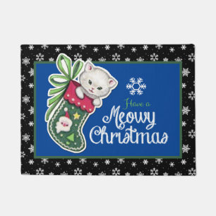 Meowy Christmas Door Mat on blue