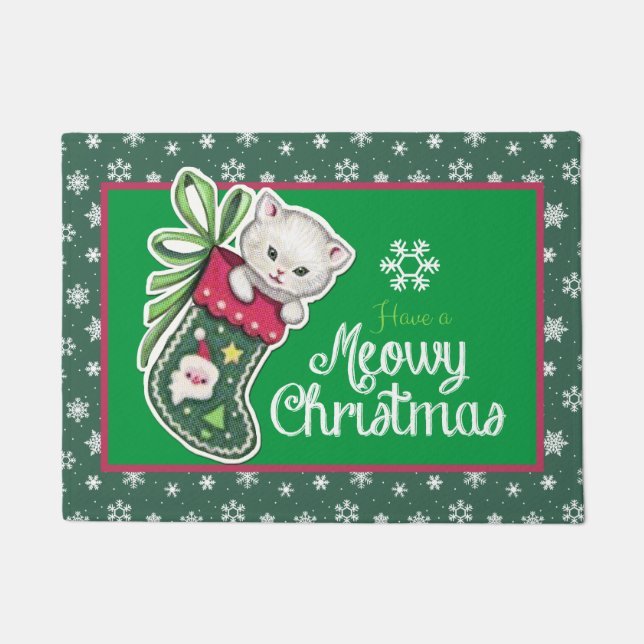 Meowy Christmas Door Mat red and green (Front)