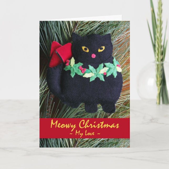 Meowy Christmas for Husband, Black Cat Ornament Holiday Card (Front)