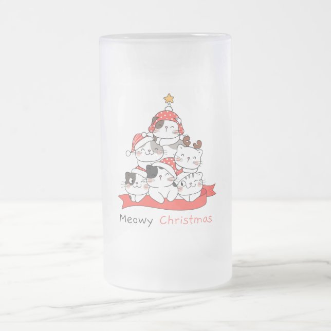 Meowy Christmas  Frosted Glass Beer Mug (Center)