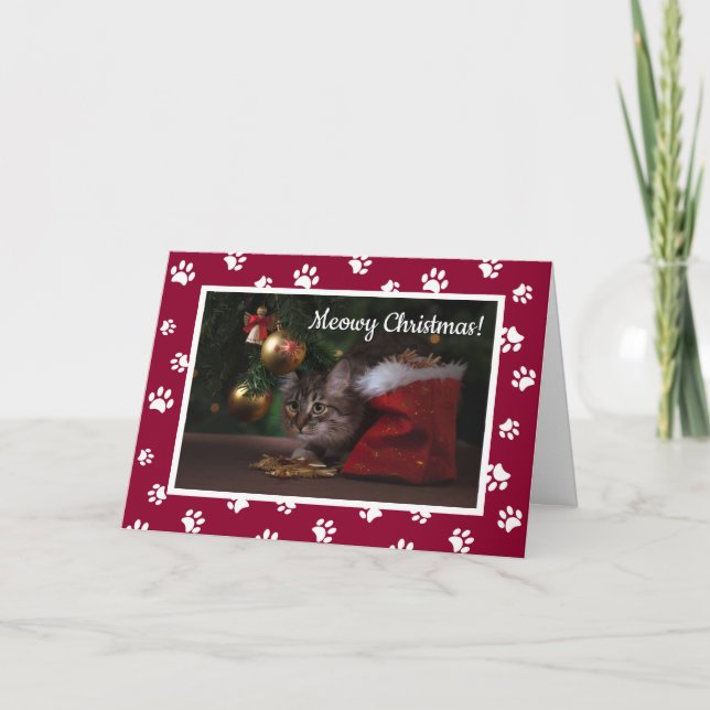 Meowy Christmas! Fun White Paw Prints Cat Photo Holiday Card (Front)