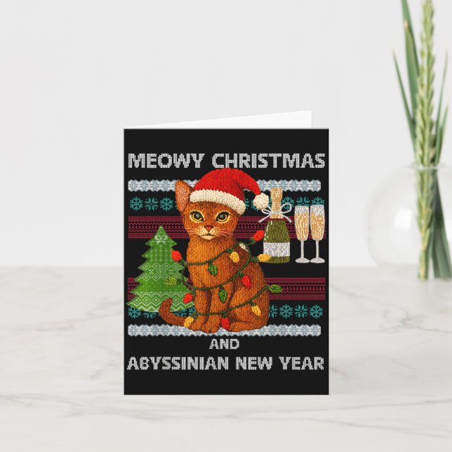 Meowy Christmas Funny Abyssinian Cat Santa Hat Ugl Card (Front)