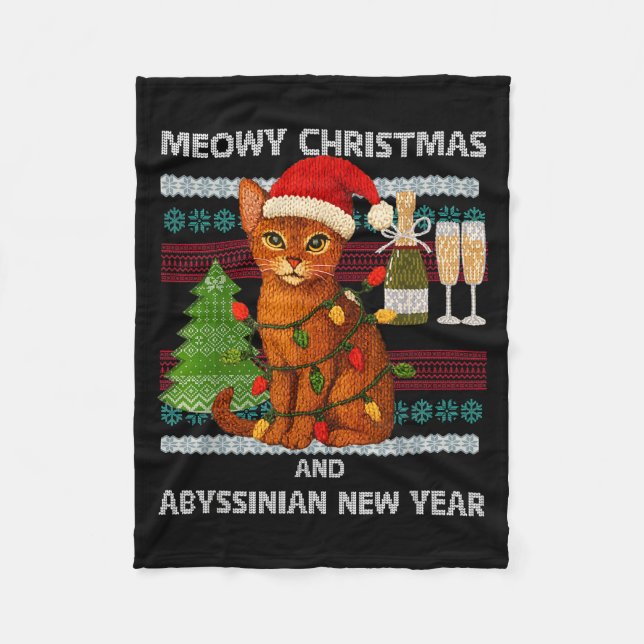 Meowy Christmas Funny Abyssinian Cat Santa Hat Ugl Fleece Blanket (Front)