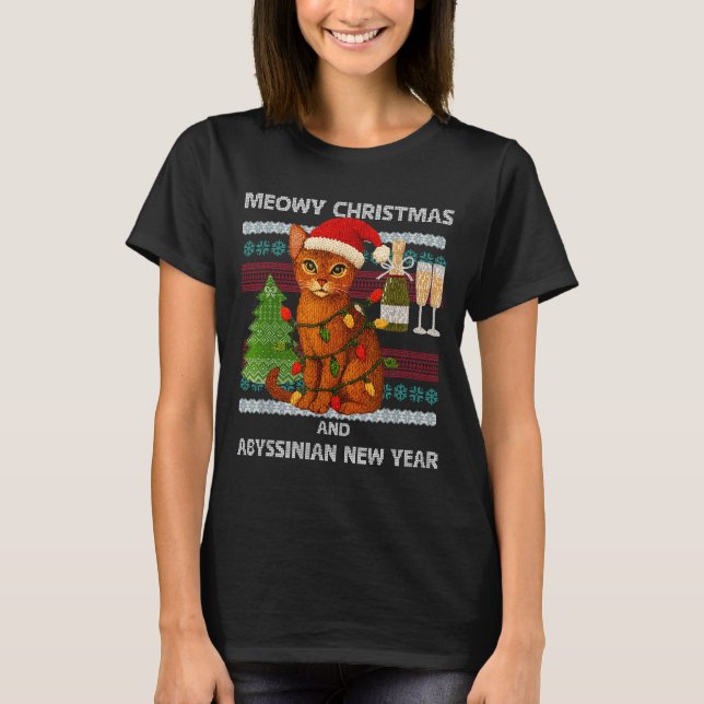 Meowy Christmas Funny Abyssinian Cat Santa Hat Ugl T-Shirt (Front)