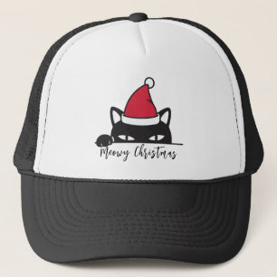 Meowy Christmas Funny Black Cat Peeking  Trucker Hat